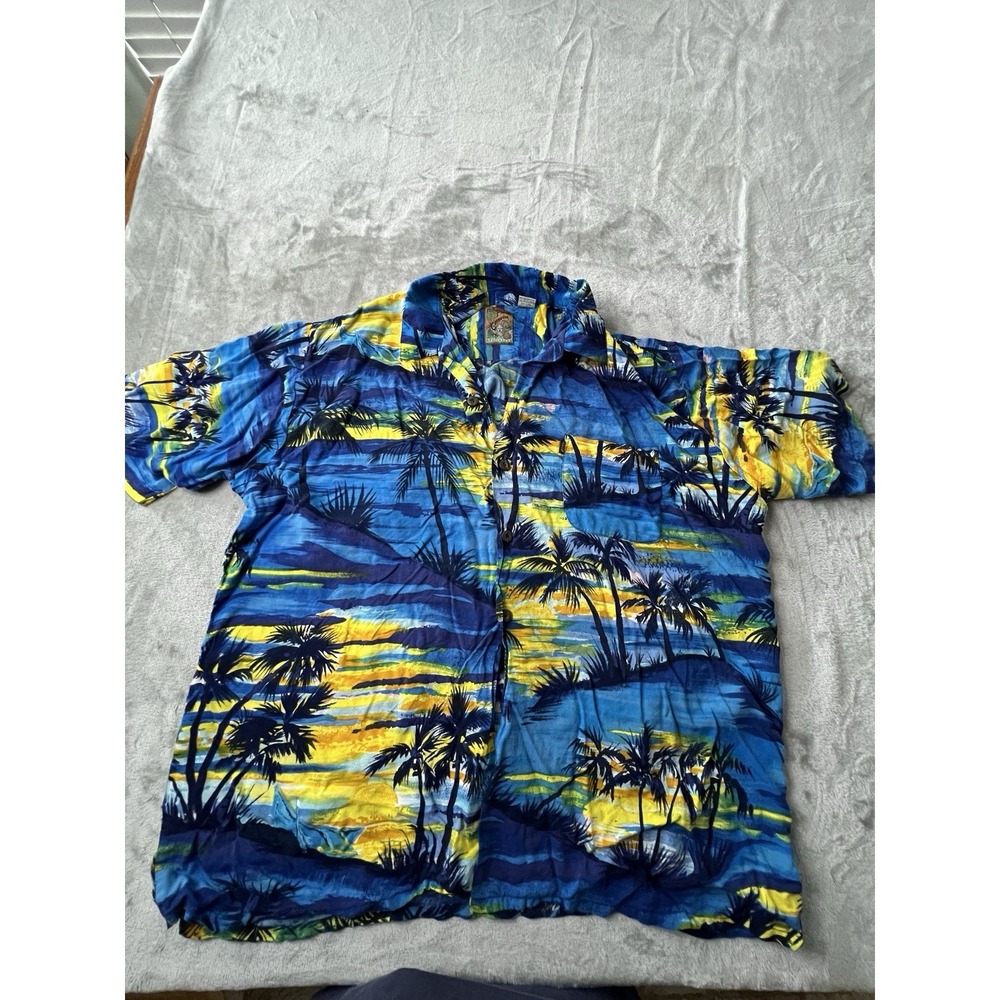 Pineapple Connections Mens Shirt XL Blue Yellow Palm Tree Rayon Hawaiian